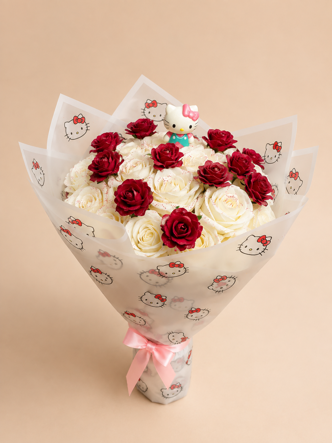 Hello Kitty rose bouquet with red and white roses