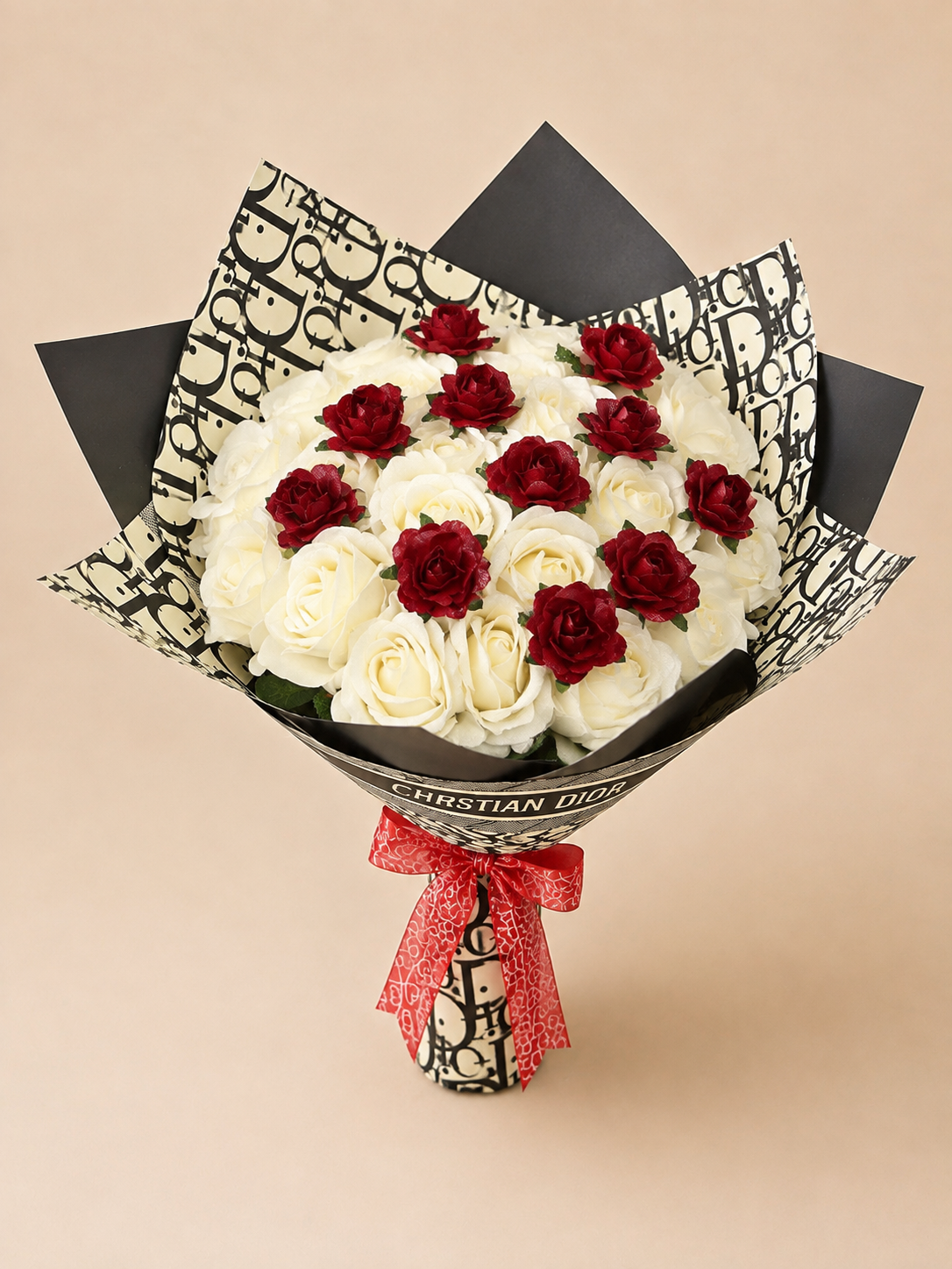 Christian Dior red and white rose bouquet in black and white Dior wrapping